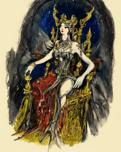 Image similar to an illustration of a dark queen on a throne at night by marc davis and by gustave moreau, realistic, gouache, painting