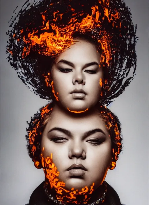 Image similar to sculpture made of fire, portrait, plus size model, overweight, chubby, big beautiful woman future, torch, flame, harper's bazaar, vogue, fashion magazine, intricate, concept art, close up, ornate, luxury, elite, elegant, trending on artstation, by ruan jia, by Kenneth Willardt, by ross tran, by WLOP, by Andrei Riabovitchev