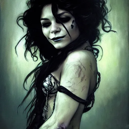 Image similar to beautiful portrait of vanessa hudgens as death from sandman, smiling, by cedric peyravernay, alphonse mucha, by jeremy mann, by lecouffe deharme, goth chic, soft lightning, eyeliner, punk rock, high detailed, 8 k