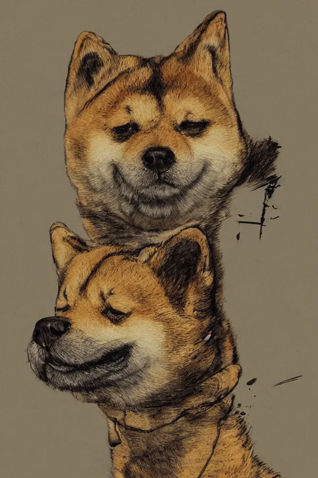 Image similar to a portrait of a shiba inu, in the style of yoji shinkawa artistic, highly detailed