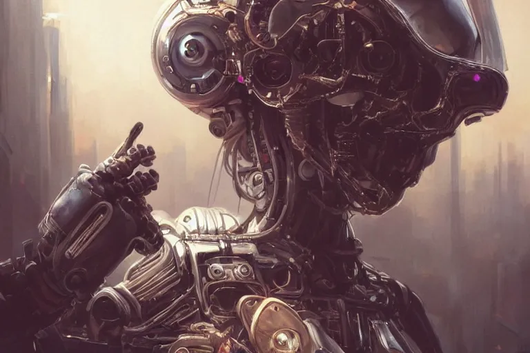 Image similar to Ultra realistic illustration, robot sitting, holding a human skull in it's hands, cyberpunk, sci-fi, fantasy, intricate, elegant, highly detailed, digital painting, artstation, concept art, smooth, sharp focus, illustration, art by artgerm and greg rutkowski and alphonse mucha