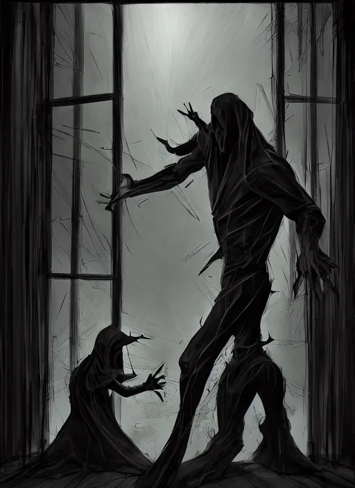 Prompt: multiple shadowy figures reaching out fro behind a window glass. in style of bill stoneham, trending on artstation, dark fantasy, great composition, concept art, highly detailed, dynamic pose, vibrant colours.