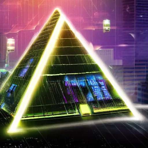 Image similar to a hyper realistic picture of a cyberpunk pyramid with multiple lights coming out of it