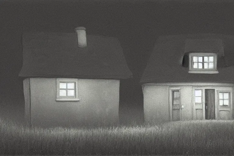 Image similar to a cinematic hyperrealism highly detailed photograph of a small cottage in a dark black night on a wide prairie, by issac levitan and studio ghibli, deviantart