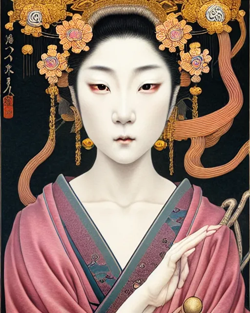 Image similar to portrait of a beautiful japanese goddess, unusual beauty, esoteric, muted colors, head in focus, fantasy art, ornamental aesthetics intricate, elegant, highly detailed, uhd, hyperrealistic painting, artstation, concept art, painterly, sharp focus, illustration, art by chie yoshii