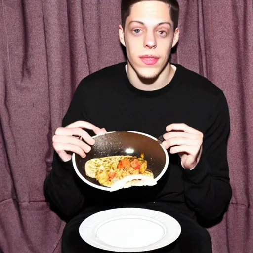 Prompt: Pete Davidson eating from a plate made from fur little tears