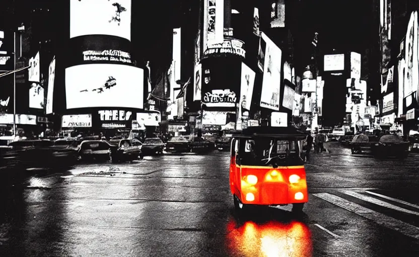 Image similar to a tuk tuk in times square at night, blade runner 1 9 8 2 city, futuristic dystopian city, falling rain, neon, industrial fires and smog