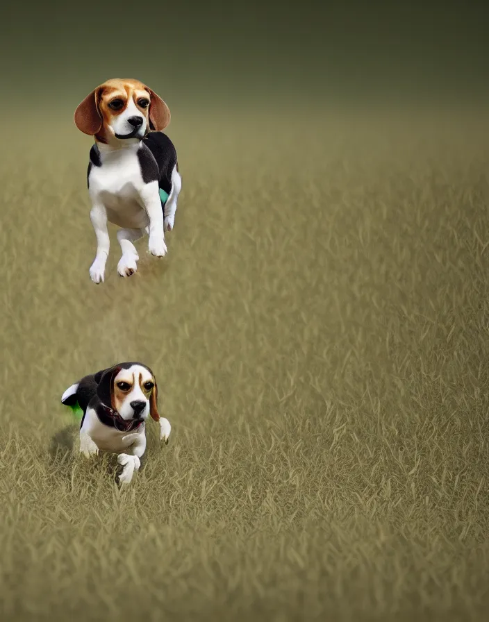 Image similar to a beagle running in a field . intricate artwork by art-station. octane render, cinematic, hyper realism, 8k, depth of field.