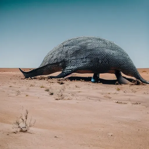 Prompt: 🐋 as 🐼 as 🦕 as 👽, desert photography