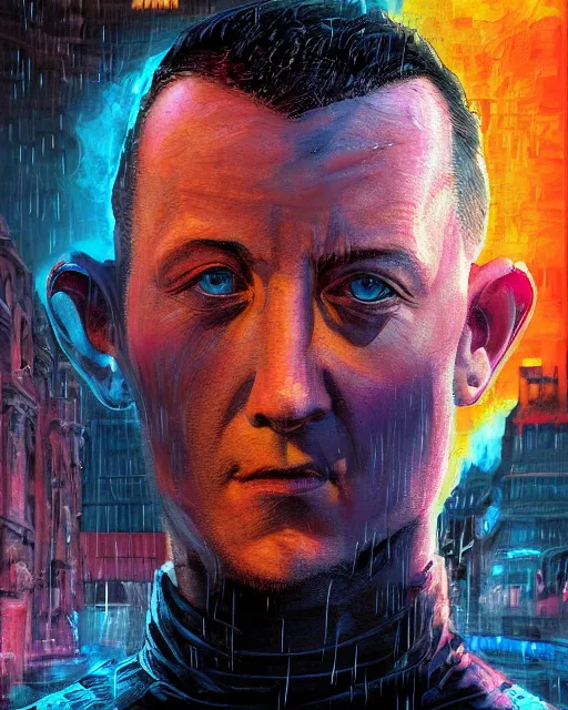 Prompt: An epic fantasy comic book style portrait painting of a very imposing Chester Bennington in the rain , neon reflections, character design by Mark Ryden and Pixar and Hayao Miyazaki, unreal 5, DAZ, hyperrealistic, octane render, cosplay, RPG portrait, dynamic lighting, intricate detail, cinematic