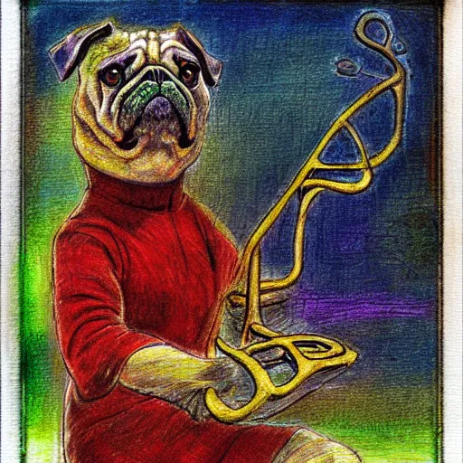 Image similar to fractal bipedal impressionist lagoon cylinder pug hickory tree pesto trombone , by Wendy Froud and Paul Gauguin and Brom , pencil sketch , polaroid photo , cyberpunk