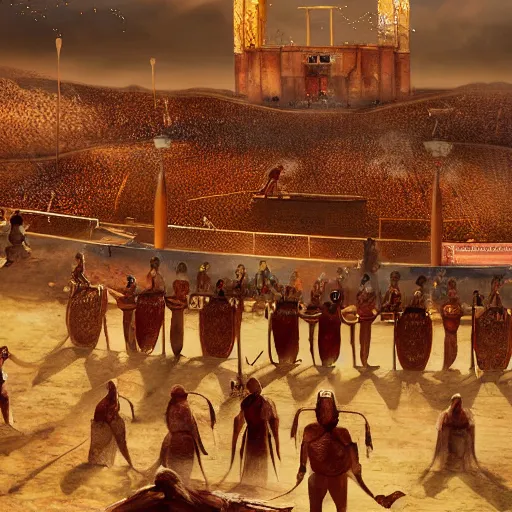 Prompt: anthropomorphic gladiators arena fighting for life with a crowd of spectators, duunes desert medium shot, key art by craig mullins, bloom, dramatic lighting, cinematic, high details