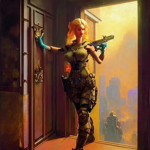 Image similar to portrait of beautiful blonde female sniper with blue eyes in front of room door. shadowrun cyberpunk fantasy d & d painting by gaston bussiere craig mullins jc leyendecker gustav klimt artgerm greg rutkowski john berkey, bergey, craig mullins, ruan jia, raymond swanland, tom lovell fortnite