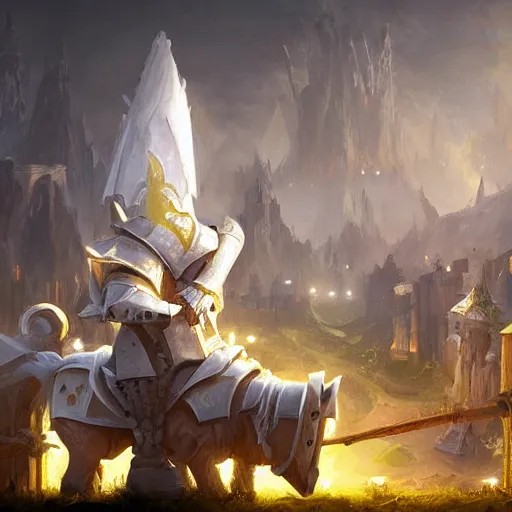 Image similar to a giant white chess knight piece, glowing chess knight, glowing chess knight, chess knight, chess knight, chess knight, battlefield background, bright art masterpiece artstation. 8 k, sharp high quality artwork in style of jose daniel cabrera pena and greg rutkowski, concept art by tooth wu, hearthstone card game artwork, chess knight