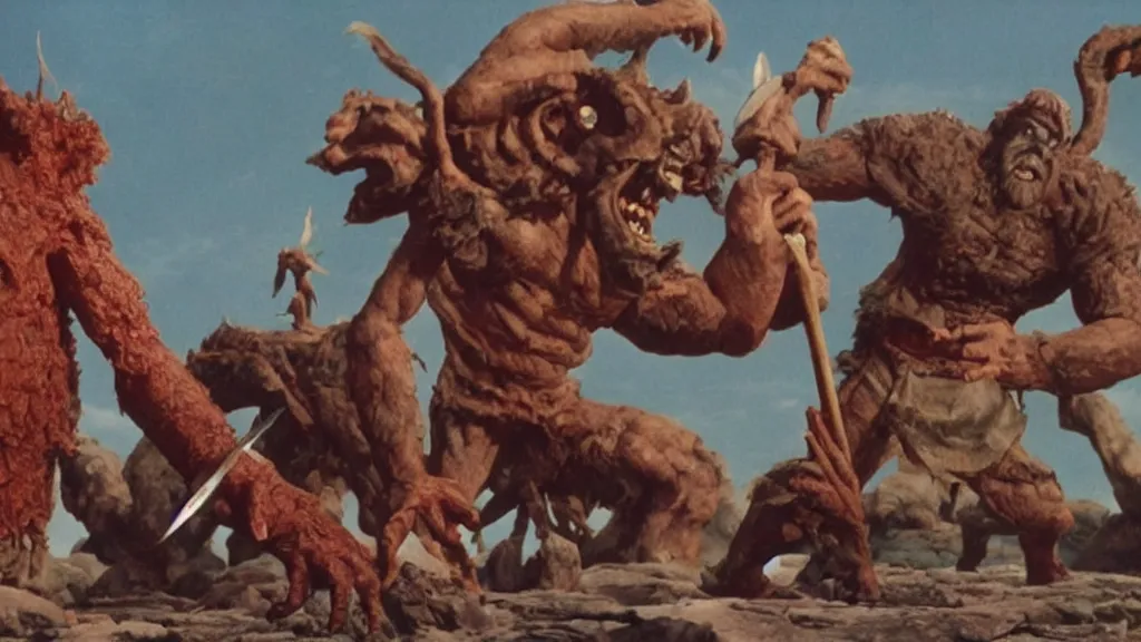 Image similar to still from a stop motion animated movie about a giant cyclops, by ray harryhausen, nineteen seventy five, cinematic lighting, ultra realistic, panavision, wide screen, saturated color, seventies cinema, vintage, sword and sorcery