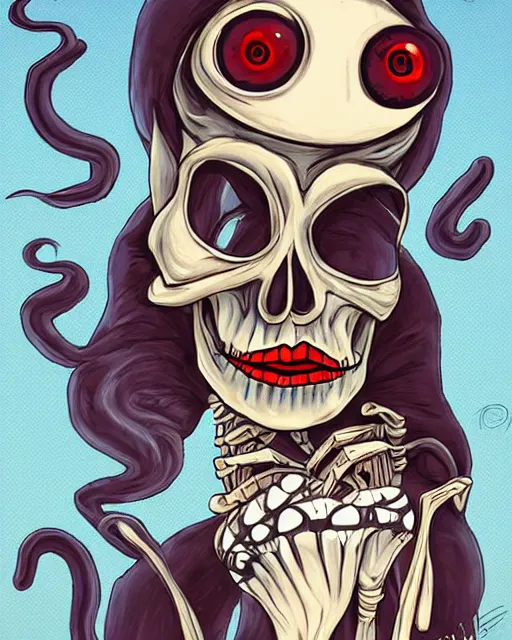 Prompt: a surrealistic head and shoulder painting of a gorgeous female skeleton with cat eyeballs and lipstick and hoodie, in the style of will eisner, digital art, detailed masterpiece