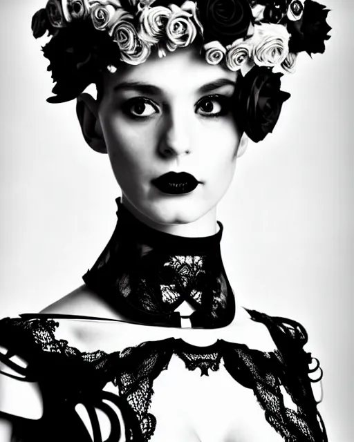 Prompt: dreamy surreal poetic black and white photo of a beautiful young bio-mechanical-female-cyborg-plastic-robot with a very long neck and a super big gothic lace collar and a very high big floral crown with many black dry roses by Vivienne Westwood:: smoke, high fashion, haute couture, rococo, avant-garde, elegant, dreamy, hyper realistic, 150 mm lens, soft rim light, octane render, unreal engine, picture was taken in 1910 by Dora Maar, volumetric lighting, dramatic light,8k,