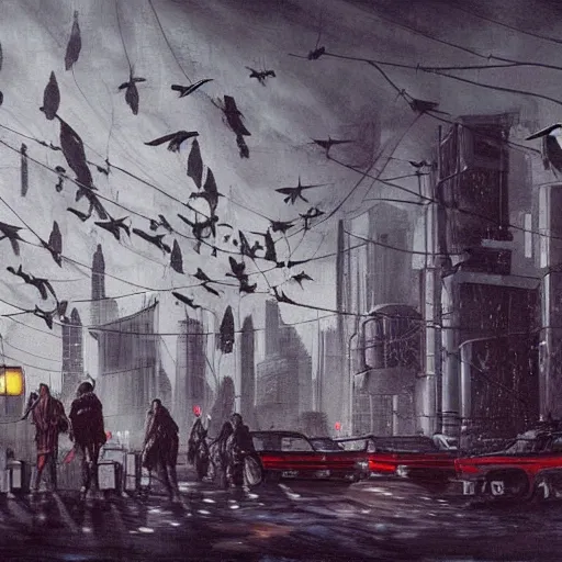 Image similar to A dark painting of a cyberpunk city infested with giant pigeons, trending on deviantart