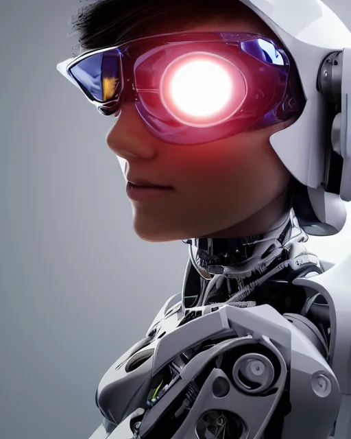 Image similar to centered portrait photo of young lorena herrera as a solarpunk mecha humanoid robotic parts wearing goggles with bright lights, real human face, pudica pose, inside white room, ultra - realistic and detailed, 8 k