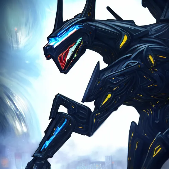 Image similar to cinematic shot, 35 foot tall stunning quadrupedal mecha dragon, sharp edged black armor, shining gold accents around the edges, sleek OLED blue visor for eyes, four legs, walking in busy neon city streets, sharp claws, epic shot, highly detailed art, sci fi, furry, 3D realistic, warframe fanart, destiny fanart, furry art, dragon art, feral art, macro art, furaffinity, DeviantArt, sofurry