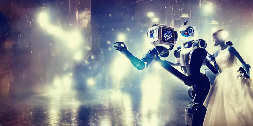 Prompt: two robots wedding, cinema, scene, romantic, elegant, sofe light, cinematography lighting, still photo