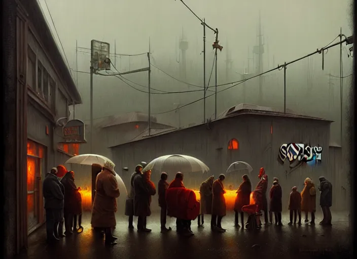 Image similar to waiting in line for cold soup by simon stalenhag and gil elvgren and tom bagshaw, highly detailed, hyperrealism, dreary, cold, cloudy, grey, rich vs. poor, high contrast