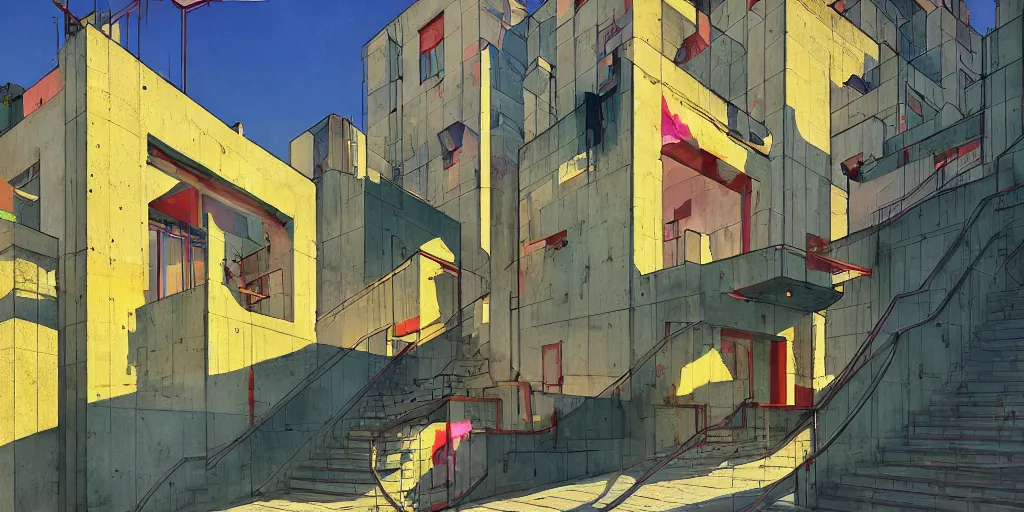Image similar to neo brutralism, concrete housing, a long stairway going up, concept art, colorful, vivid colors, sunshine, light, shadows, reflections, oilpainting, cinematic, 3D, in the style of Akihiko Yoshida and Edward Hopper
