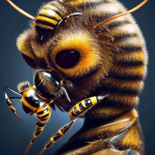 Image similar to Perfectly-centered portrait-photograph of a living bee-creature , lifelike, super highly detailed, professional digital painting, artstation, concept art, smooth, sharp focus, extreme illustration, Unreal Engine 5, Photorealism, HD quality, 8k resolution, cinema 4d, 3D, beautiful, cinematic, art by artgerm and greg rutkowski and alphonse mucha and loish and WLOP