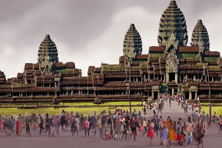 Prompt: angkor wat in the middle of a busy town, big crowd, many vehicles, many buildings, concept art, digital painting by shaddy safadi