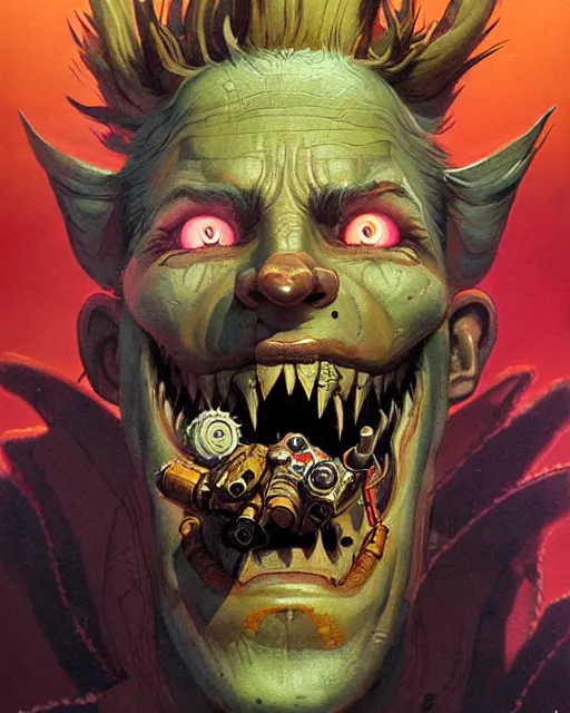 Image similar to junkrat from overwatch, closed mouth smile, character portrait, portrait, close up, concept art, intricate details, highly detailed, vintage sci - fi poster, in the style of chris foss, rodger dean, moebius, michael whelan, and gustave dore