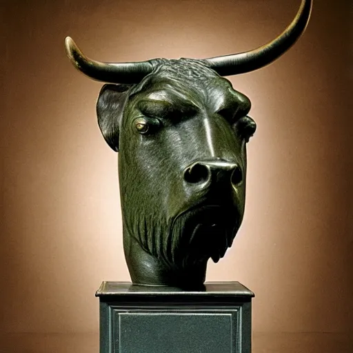 Image similar to professional color photograph of a patinated bronze portrait bust of an angry bull supported by a bronze plinth, by Auguste Rodin