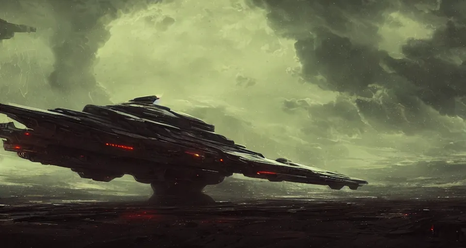 Image similar to an image of a spaceship in the night on a deserted planet by Paul Chadeisson, atmospheric, stormy weather, concept art, high detail, intimidating, cinematic, Artstation trending, octane render