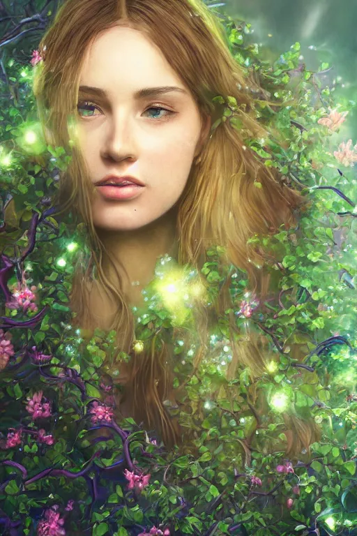 Image similar to elaborately ultradetailed close up portrait of an extremely beautiful girl surrounded by beautiful vines, flowers, a mist and ethereal rainbow bubbles, digital art painting, concept art, poster art, smooth, sharp focus, Aetherpunk, atmospheric lightning, highly detailed illustration highlights, Exquisite 8K detail post-processing, award winning picture, sense of awe, featured on DeviantArt