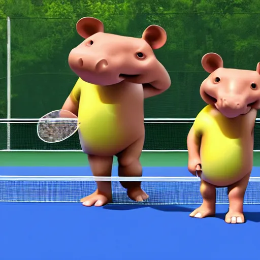 Image similar to anthromorphic hippos playing badminton in the style of a Pixar film