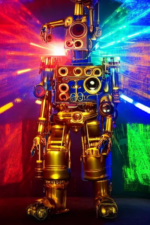 Image similar to portrait photo of a giant huge golden and blue metal humanoid steampunk robot piano player with multicolored big gears and tubes, a red piano, eyes are glowing red lightbulbs, shiny crisp finish, 3 d render, 8 k, insaneley detailed, fluorescent colors, background is multicolored lasershow