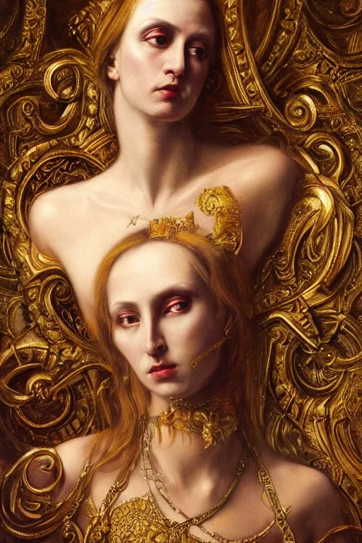 Image similar to hyper realistic painting portrait of madness queen, occult diagram, elaborate details, detailed face, intrincate ornaments, gold decoration, occult art, oil painting, art noveau, in the style of roberto ferri, gustav moreau, jean delville, bussiere, andrew gonzalez