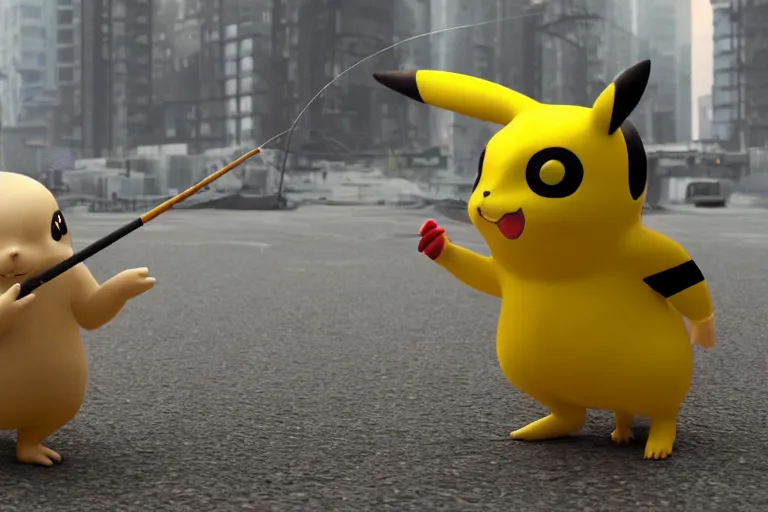 Image similar to hyperrealism simulation hyperrealism pikachu wearing hyperrealism tuxedo and smoking, fishing in hyperrealism scene from hyperrealism cyberpunk movie with many details by wes anderson and denis villeneuve and mike winkelmann rendered in blender and octane render