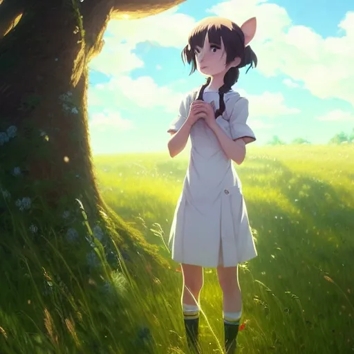 Image similar to a film still portrait of an anthropomorphic rat girl standing in a meadow under a tree, finely detailed features, closeup on the faces, perfect art, gapmoe yandere grimdark, trending on pixiv fanbox, painted by greg rutkowski makoto shinkai takashi takeuchi studio ghibli, akihiko yoshida