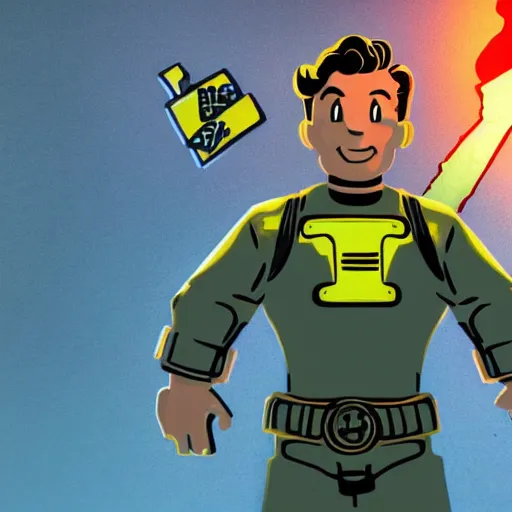 Prompt: fallout 4 info poster of vault boy holding uranium