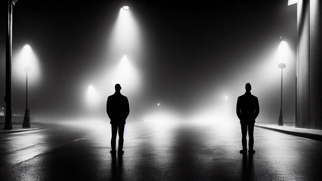 Image similar to full face portrait a man is standing on the street under the lights, fog, volumetric lighting, mystique, atmospheric, sharp focus, ultra detailed, noir art house, 4 k, cinematic, 3 5 mm