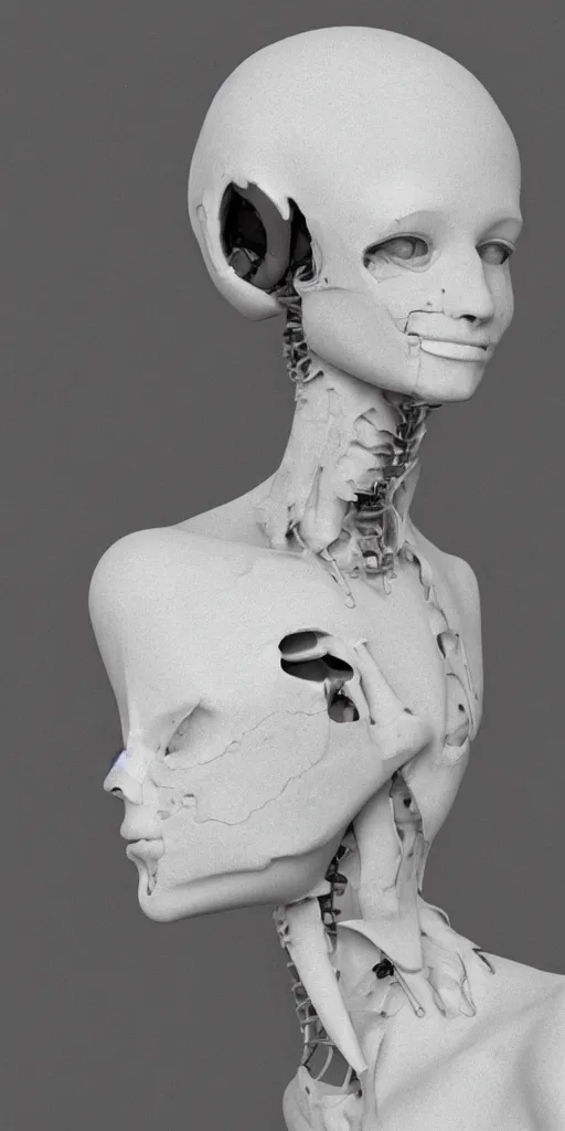 Image similar to black and white dreamy foggy smoky profile face portrait, single skeletal biomechanical beautiful young female cyclops - cyborg - robot bust, body ribs meshes,, volumetric light, rim light, by dora maar and cecile beaton, big gothic fashion pearl embroidered collar, 8 k
