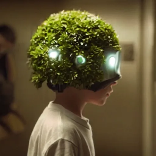 Image similar to movie still of a boy with a cyborg plants flowers helmet, cinematic composition, cinematic light, by edgar wright and david lynch