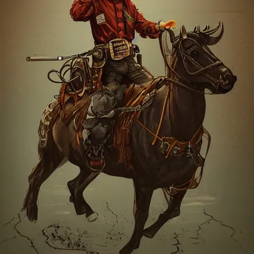 Prompt: Nicholas, the cowboy in the weird west, riding in the town of Doom, dark fantasy, digital art, high detailed, pinterest