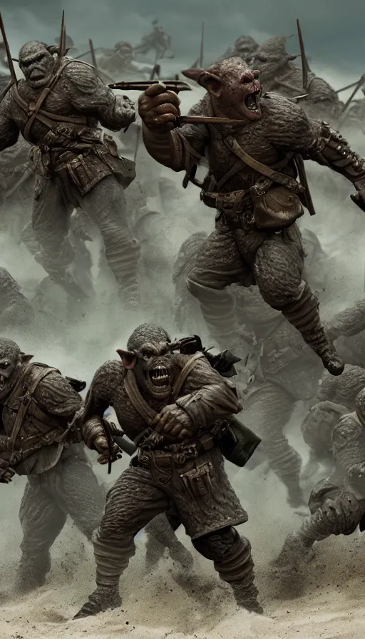 Image similar to Orcs storming the Beaches of Normandy during WW2, war-photography, film still, D-Day, dynamic action pose, insane detail, intricate, highly detailed, Zeiss Lens, DSLR photography, smooth, sharp focus, Unreal Engine 5, Octane Render, Redshift, 8K