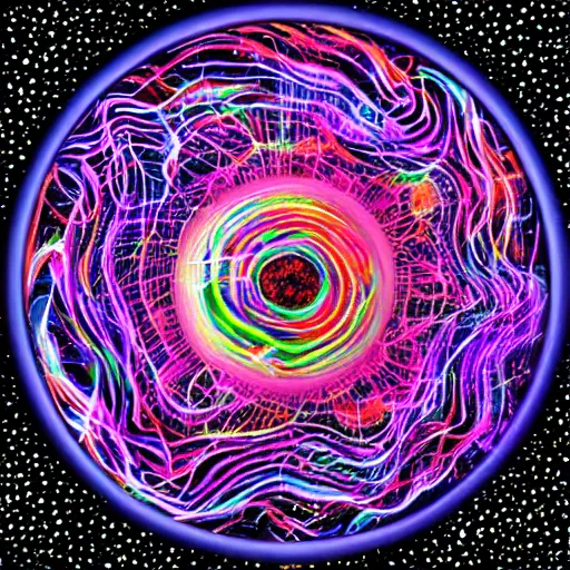 Prompt: petri dish, abstract circle, neon sphere, black background, Psychedelic galaxy, supernova, hyperdetailed DNA, hairy edge, hyperrealism astral cosmic, trippy rainbow at the middle.