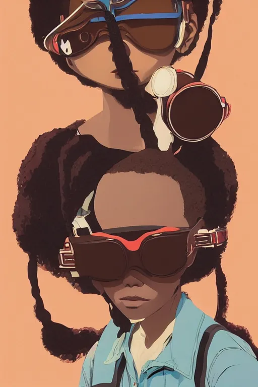 Image similar to face of a beautiful girl wearing goggles, brown skin, symmetrical, ilya kuvshinov, jamie hewlett, yoji shinkawa, muted colors, portrait, beautiful detailed illustration, 17th century oil painting, flat colors, studio ghibli, cel shading, loish, pop art,