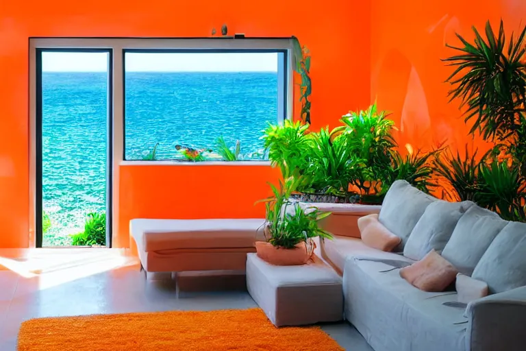 Prompt: a room of a villa with orange walls white floor plants, colorful aquarium, a big window with a view of the beach and sea, beautiful cinematic masterpiece very detailed