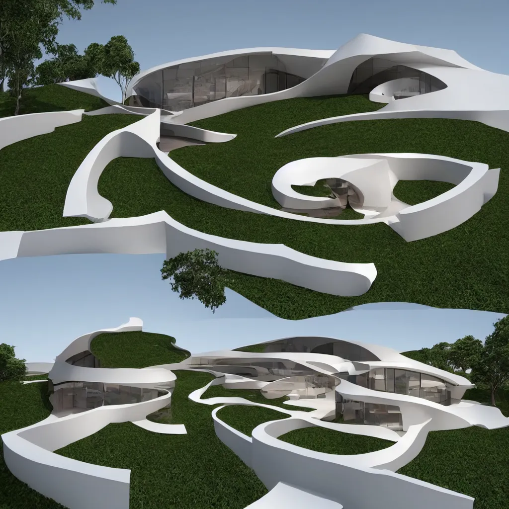 Image similar to “ a curvilinear geometric house design by online lab of architecture, highly liked architectural rendering, one point perspective ”