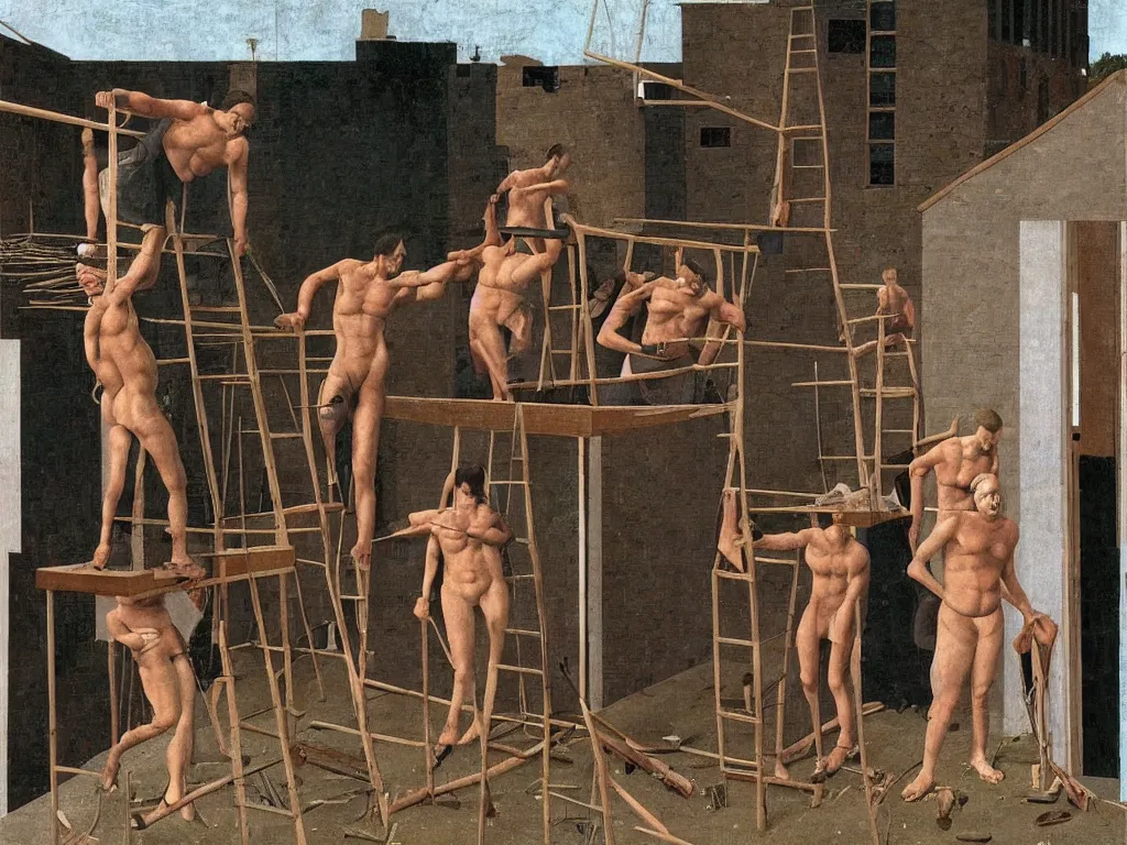 Image similar to Muscular workers renovating a house. Painting by Alex Colville, Piero della Francesca, Max Ernst.