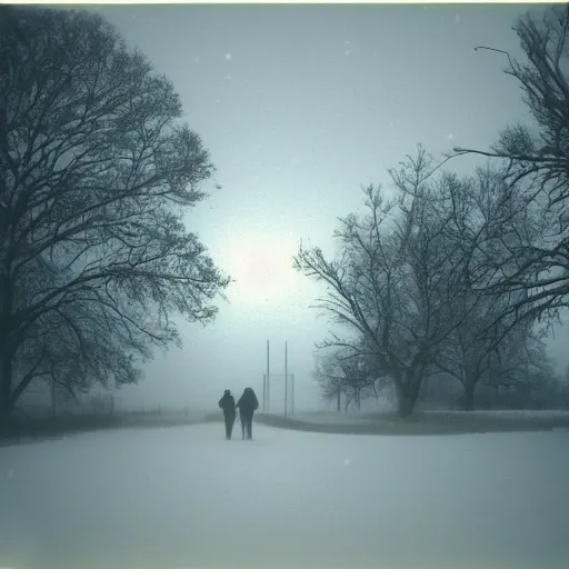 Image similar to photo of kansas flint hills covered in ice and snow, during a snowstorm. a old man in a trench coat and a cane appears as a hazy silhouette in the distance, looking back over his shoulder. cold color temperature. blue hour morning light, snow storm. hazy atmosphere. humidity haze. kodak ektachrome, greenish expired film, award winning, low contrast.